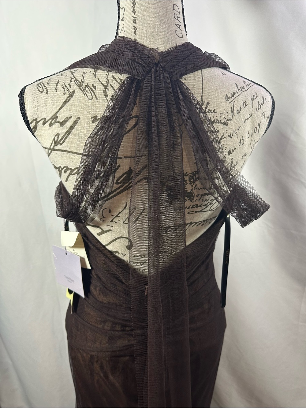 ⚫️🐞Vera Wang Chocolate Brown V-Neck Tulle Maxi Dress - Picture 13 of 16